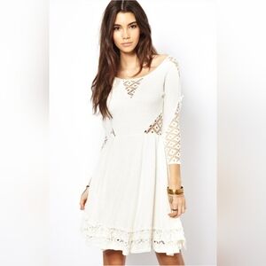 Free People Fit Flare Knit Skater Dress 3/4 Slv Lace Mesh Cutout  stretch Size L